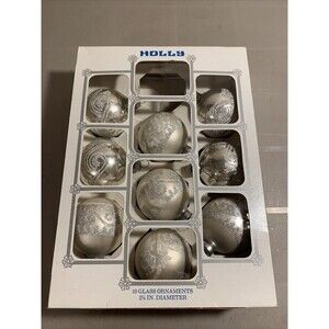 Vintage Holly Glass Ornaments 9 Christmas Tree White Silver Glitter USA